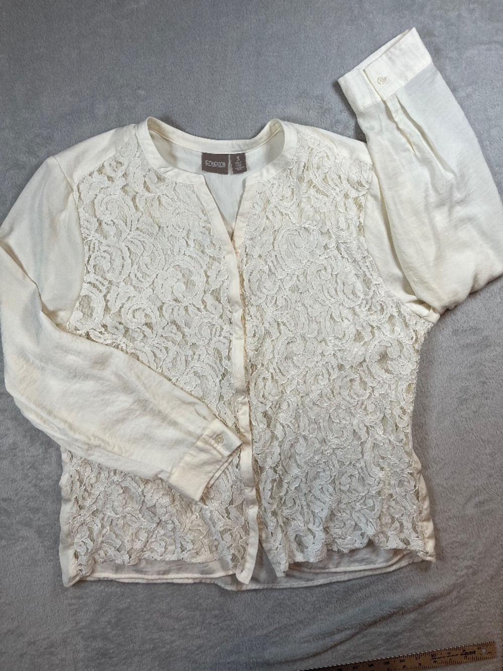 Chico's sz 3 XL/16 Ivory Lace Overlay Button Front Blouse Elegant Feminine Boho